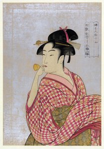 Nuori nainen puhaltaa lasipiippua (poppiin), sarjasta Ten Types in the Physiognomic Study of Women par Utamaro, Kitagawa (1753-1806), n. 1792 - Värillinen puupiirros, 38,9x27,5 - Yksityiskokoelma tekijältä Kitagawa Utamaro