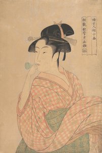 Nuori nainen puhaltaa Popen-lasiäänentekijää..., n. 1792-93. tekijältä Kitagawa Utamaro