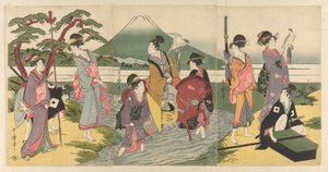 Nuori mies ja hänen seurueensa ylittävät puron ennen Fuji-vuorta. tekijältä Kitagawa Utamaro