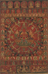 Aurinkojumala Surya Mandala kahdeksan planeettajumaluuden ympäröimänä, päivätty, todennäköisesti vuodelta 1379. tekijältä Kitaharasa