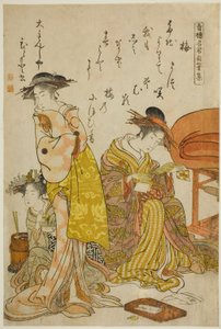 Daimonjiyan kurtisaani Hitomoto albumilta "Comparing New Beauties of the Yoshiwara - A Mirror of Their Own Writings (Keisei shin bijin awase jikihitsu kagami)"