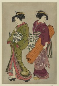 Kitao Shigemasa (1777) Geisha ja palvelija kantamassa shamisen-rasiaa. tekijältä Kitao Shigemasa
