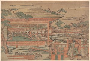 Ushiwaka, nuori Yoshitsune, laulaa serenadia Jorurihimelle tekijältä Kitao Shigemasa