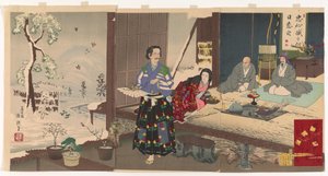 Chushingura, Yuranosuke eläkkeellä (puupainatus, muste ja väri paperille) tekijältä Kiyochika Kobayashi