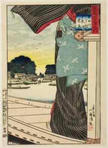 Matsuchi-kukkulan kaukainen näkymä Sumida-joelta (Sumidagawa yori Matsuchiyama enkei) sarjasta "Sata näkymää Musashin maakunnasta (Musashi hyakkei no uchi)" tekijältä Kiyochika Kobayashi