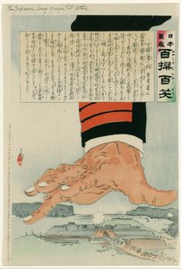 Venäjän ja Japanin sota 1904-1905: Valtava japanilainen käsi murskasi Port Arthurin (Lushun) 25. heinäkuuta 1904. Venäjä lopulta luovutti Port Arthurin 2. tammikuuta 1905. Kobayashi Kiyochika (1847-1915) japanilainen taiteilija.