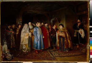Boyar häät (boyar, boyar) 1500-luvulla, morsiamella on kokochnik (Bojaarin häät) - Öljy kankaalle, kirjoittanut Klavdi Vasilyevich Lebedev (1852-1916)