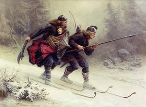 Norjan kuninkaan sotilaat Sverre, Torstein Skevla ja Skjervald Skrukka kantaen kuninkaan poikaa Hakon Hakonssonia