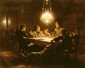 Perheillallinen lampun valossa, 1800-luku tekijältä Knut Ekvall