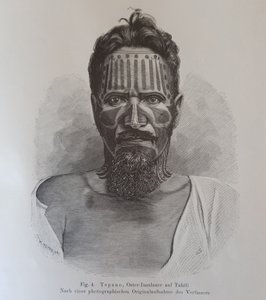 Juan Tepano, kuvitus "Pääsiäissaarelaisten tatuoinneista", Hjalmar Stolpe tekijältä Knut Hjalmar (after) Stolpe