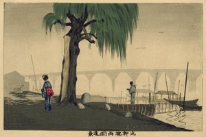 Kaukonäkymä Ryōgokuun Motoyanagi-sillalta tekijältä Kobayashi Kiyochika