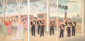Kuva keisarin saapumisesta Shinbashin asemalle voiton riemua seuranneessa..., 1895.