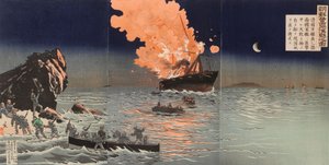 Pelastautuminen palavasta sotalaivasta. Kohtaus Kiinan ja Japanin välisestä sodasta tekijältä Kobayashi Kiyochika