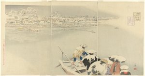 Toinen kuukausi: Matsuchi-kukkula lumessa hämärässä (Kisaragi, Matsuchiyama yuki no tasogare), sarjasta "Tokion kuuluisia paikkoja todellisia näkymiä (Tokyo meisho shinkei no uchi)" tekijältä Kobayashi Kiyochika