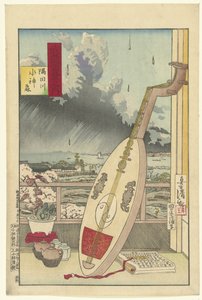 Suijinin metsä Sumida-joella Sumidagawa Suijin mori (otsikko esineessä) Sata näkemystä Musashin maakunnasta (sarjan nimi) Musashi hyakkei no uchi (sarjan nimi esineessä) tekijältä Kobayashi Kiyochika