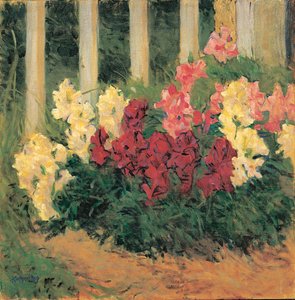 Blumenstrauch vor Gartenzaun - Kukkia puutarha-aidan edessä ... (öljy kankaalle) tekijältä Koloman Moser