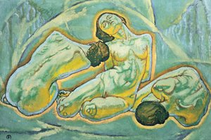 Drei kauernde Frauen - Kolme kyyristelevää naista ... (maalaus kankaalle) tekijältä Koloman Moser