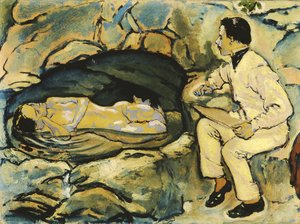 Omakuva, piirustus merenneidon kanssa kallioluolassa, 1914. tekijältä Koloman Moser