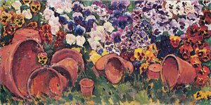 Pansies with flower pots - Paniessit kukkaruukuilla ... (öljy kankaalle) tekijältä Koloman Moser