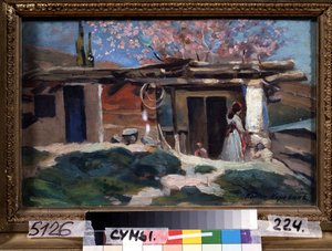 Krim, mantelipuut kukkivat. (Krim, kukkivat mantelipuut). Nuori nainen pienen puutalon edessä, vaaleanpunaisten mantelipuiden alla. Maalaus Konstantin Aleksejevitš Korovin (Konstantin Korovin) (1861-1939), öljy kankaalle tekijältä Konstantin Alekseevich Korovin