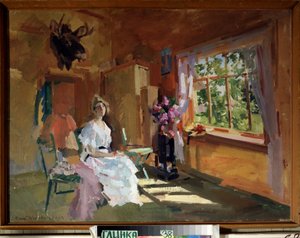 Huoneessa. Nuori nainen vaaleassa mekossa, istuu ikkunan edessä, josta näemme puutarhan, korkea kesä. Maalaus Konstantin Aleksejevitš Korovin (1861-1939), öljy kankaalle tekijältä Konstantin Alekseevich Korovin