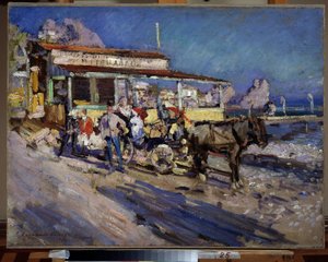 Gurzuf (Krim) (Gurzuf). Satamakylä pesii lahden ontelossa, josta näkyy karhun vuori. Maalaus Konstantin Aleksejevitš Korovin (Konstantin Korovin) (1861-1939), öljy kankaalle tekijältä Konstantin Alekseevich Korovin