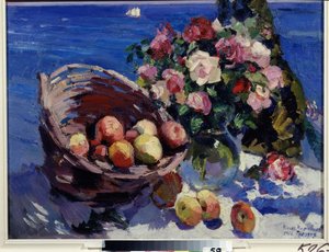 Gurzuf, Ukraina (Gurzuf). Kukkien ja hedelmien asetelma meren rannalla. Konstantin Aleksejevitš Korovin (Konstantin Korovin) (1861-1939) maalaus, öljy kankaalle tekijältä Konstantin Alekseevich Korovin