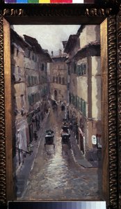 Sade Firenzessä (Rain Firenzessä). Kuvaus kadusta Toscanan (Italia) kaupungin keskiaikaisessa keskustassa. Maalaus Konstantin Aleksejevitš Korovin (Konstantin Korovin) (1861-1939), öljy kankaalle tekijältä Konstantin Alekseevich Korovin