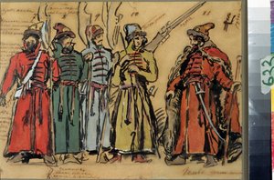 Pukusuunnittelu Modeste Musorgskin (1839-1881) oopperaan Khovanshchina tai Khovanski-prinssit (M.Musorgskin Khovanshchina-oopperan pukusuunnittelu). Konstantin Aleksejevitš Korovin (Konstantin Korovin) (1861-1939) työ, akvarelli, go tekijältä Konstantin Alekseevich Korovin