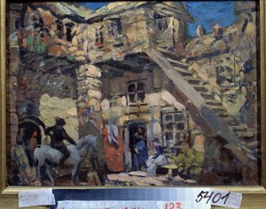 Lavastus Leon (tai Ludwig) Minkusin (1826-1917) baletille Don Quijote (L. Minkusin Don Quijote -baletin lavasuunnittelu). Konstantin Aleksejevitš Korovin (Konstantin Korovin) (1861-1939) työ, guassi pahvilleLavastus Leon (tai Ludwig) Minkusin (1826-1917) b tekijältä Konstantin Alekseevich Korovin