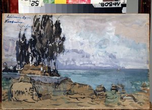 Lavastus Piotr Ilitch Tšaikovskin (1840-1893) baletille Joutsenten järvi (P. Tšaikovskin baletin Joutsenten järvi lavastus). Maisema, järven ranta, jossa on puita. Taideteos: Konstantin Aleksejevitš Korovin (Constantin Koro tekijältä Konstantin Alekseevich Korovin