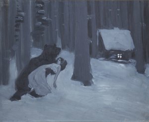 Tatjana unelma. Kuvitus romaanille A. Pushkinin säkeessä Eugene Onegin tekijältä Konstantin Alekseevich Korovin