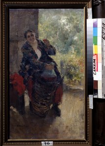 Vuokraemäntä tai nainen viinilasillisen kanssa (A Landlady, Woman with a Glass of Wine). Vahva istuva nainen nostaa lasinsa paahtoleipää varten ja pitää kädessään valtavaa viinipulloa. Maalaus Konstantin Aleksejevitš Korovin (Konstantin Korovin) (1861-1939 tekijältä Konstantin Alekseevich Korovin