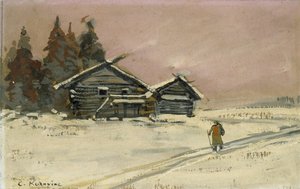 Talvimaisema kahdella puisella mökillä (rungonväri ja öljy levylle, kiinnitetty piirustukseksi) tekijältä Konstantin Alekseevich Korovin