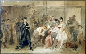 Verhon takana maaorjateatterissa - Konstantin Aleksandrovich Trutovski (Troutovsky) (1826-1893) teos - Orjateatterin verhon takana - Vesiväri paperille - Venäläinen taide