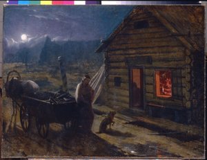Tavernan edessä (Yökohtaus, nainen vauvansa kanssa ja koira odottavat hevoskärryjen vieressä, puurakennuksen avoimen oven edessä, johon juopuneet miehet kokoontuvat) - Tavernan edessä - Maalaus Kirjailija: Konstantin Alexandr