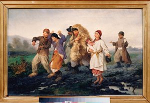 Paluu messuilta (Jumala, köyhä talonpoikaperhe kävelee mutaista tietä, laulaen ja tanssien) - Paluu messuilta - Konstantin Aleksandrovich Trutovskin (Troutovsky) (1826-1893) maalaus, öljy kankaalle
