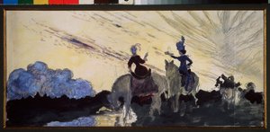 Kävely. (Kaksi ratsastajaa tarkkailee taivasta ja maisemaa). Konstantin (Konstantin) Andrejevitš Somovin (1869-1939) työ, kynä ja guassi paperille tekijältä Konstantin Andreevic Somov