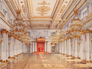 Pietarin talvipalatsin George Hall, Suuri valtaistuinsali - Konstantin Andrejevitš Ukhtomsky (Constantin Oukhtomsky) (1818-1881) teos, vesiväri paalla