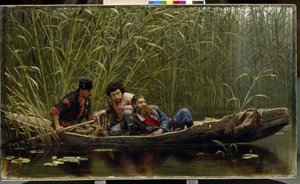 Seedy Miehet. Kuvaus kolmesta salakuljettajasta, rikollisista, jotka tarkkailevat huomaamattomasti kaisloihin naamioituneessa veneessä. Maalaus Konstantin Apollonovich Savitsky (1844-1905), öljy kankaalle