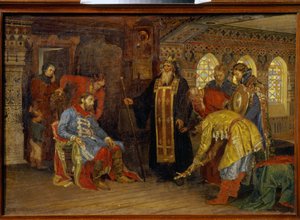 Prinssi Dmitri Pozharskyn (1577-1642) kutsu komentaa armeijoita Moskovan vapauttamiseksi. (Prinssi Pozharskyn kutsu hallita armeijoita Moskovan vapauttamiseksi). Saatuaan Irenarchos Rostovin siunauksen, ruhtinas