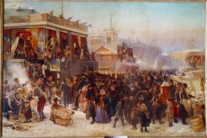 Balladiinit Admiraut-aukiolla St. Petersburg Street Theatre Showssa. Constantine Makovskin (Makovsky) (1839-1915) maalaus (ec.rus.) 1869 Moskova, Tretjakovin galleria tekijältä Konstantin Egorovich Makovsky