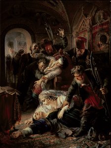 Palkatut salamurhaajat tappavat tsaari Boris Fjodorovitš Godunovin poika tekijältä Konstantin Egorovich Makovsky