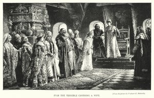 Ivan Julma valitsemassa vaimoa (kaiverrus) tekijältä Konstantin Egorovich Makovsky