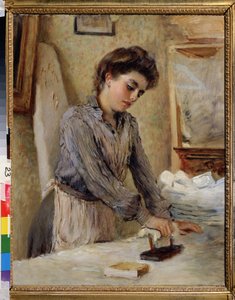 Silitysrauta - Naisen silitys. Maalaus Konstantin Jegorovich Makovski (Konstantin Makovsky) (1839-1915), öljy kankaalle, noin 1900. Venäläistä taidetta 1800-luvun loppu - 1900-luvun alku. Valtion ulkoilmamuseo, Rostovin Kreml, Rostov (Venäjä) tekijältä Konstantin Egorovich Makovsky