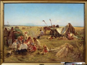 Talonpoikien ateriat sadonkorjuukaudella. (Talonpoikaateria sadonkorjuun aikaan). Maalaus: Konstantin Jegorovich Makovski (Constantin Makovsky) (1839-1915), öljy kankaalle tekijältä Konstantin Egorovich Makovsky
