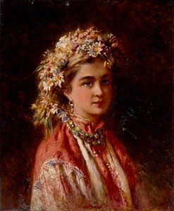 Nuori tyttö kukkaseppeleellä tekijältä Konstantin Egorovich Makovsky