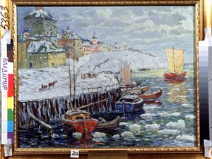 Pengerrys vanhassa venäläisessä kaupungissa. Kuvaus laitureista, joissa veneitä on ankkuroituna lumen peittämälle joelle, taustalla kaupunki ja lähtevä purjevene. Konstantinin maalaus (Co tekijältä Konstantin Ivanovich Gorbatov