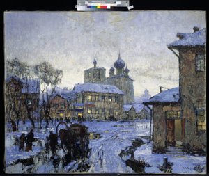 ""The Thaw"" venäläinen kylämaisema talven lopulla. Konstantin (Konstantin) Gorbatovin (1876-1945) maalaus 1910 M. Kroshitskyn taidemuseo, Sevastopol