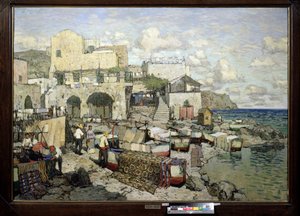 Näkymä Caprin saarelle (Italia). (Näkymä Caprin saarelle). Konstantin (Konstantin) Ivanovitš Gorbatovin (1876-1945) maalaus öljy kankaalle. 1900-luvun venäläinen taide, realismi. Alueellinen W. Wereshchaginin taidemuseo, Mykolaiv (tai Nikolaiev, Ukraina) tekijältä Konstantin Ivanovich Gorbatov